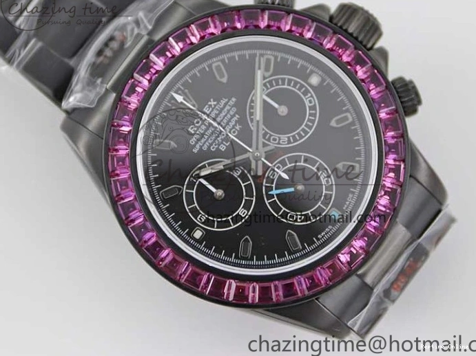 0223 Daytona All Black PVD TWF Best Edition Purple Diamonds Bezel Black Dial on PVD Bracelet SA Lightweight 2446